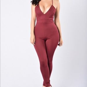 Burgundy body suit with lace and open back